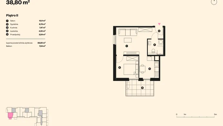 Rzut - Mieszkanie na sprzedaż 2 pokoje o powierzchni 38,02 m² - numer 65 w Sołtysowska