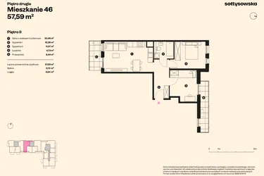 Rzut - Mieszkanie na sprzedaż 3 pokoje o powierzchni 56,35 m² - numer 46 w Sołtysowska