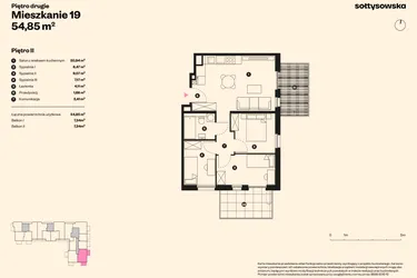 Rzut - Mieszkanie na sprzedaż 4 pokoje o powierzchni 53,6 m² - numer 19 w Sołtysowska