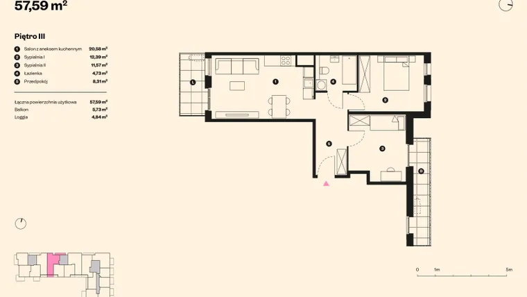 Rzut - Mieszkanie na sprzedaż 3 pokoje o powierzchni 56,35 m² - numer 50 w Sołtysowska