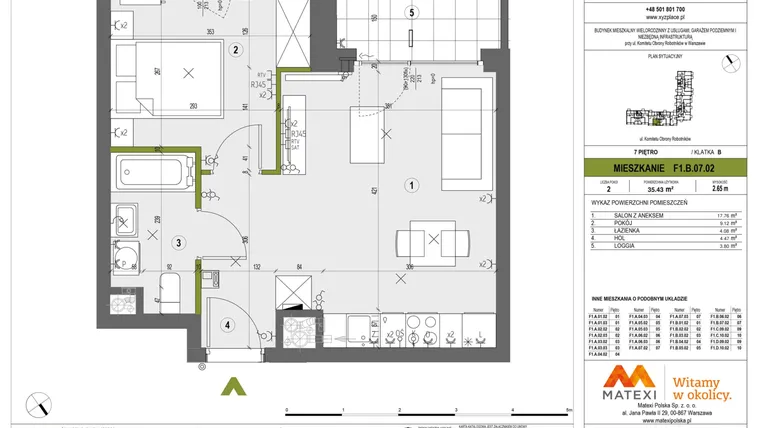 Rzut - Mieszkanie na sprzedaż 2 pokoje o powierzchni 35,43 m² - numer F1.B.07.02 w XYZ Place