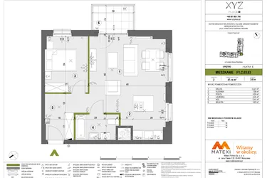Rzut - Mieszkanie na sprzedaż 2 pokoje o powierzchni 47,19 m² - numer F1.C.03.03 w XYZ Place