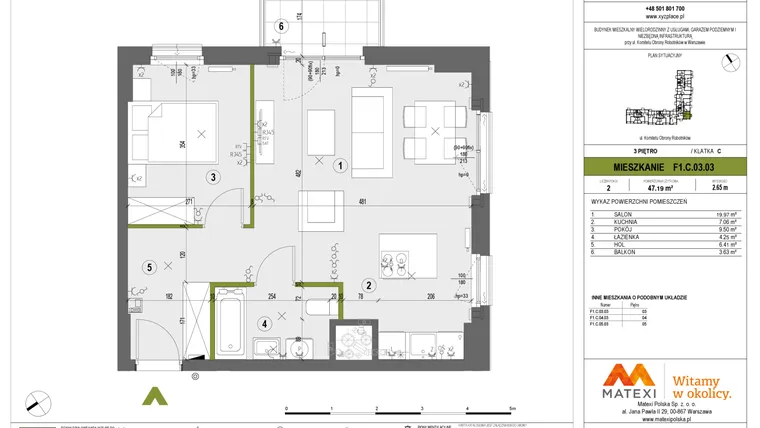Rzut - Mieszkanie na sprzedaż 2 pokoje o powierzchni 47,19 m² - numer F1.C.03.03 w XYZ Place