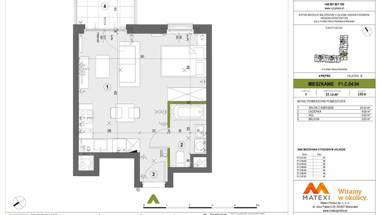Rzut - Mieszkanie na sprzedaż 1 pokój o powierzchni 31,13 m² - numer F1.C.04.04 w XYZ Place