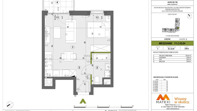 Rzut - Mieszkanie na sprzedaż 1 pokój o powierzchni 31,13 m² - numer F1.C.05.04 w XYZ Place
