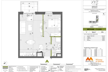 Rzut - Mieszkanie na sprzedaż 2 pokoje o powierzchni 39,9 m² - numer F1.C.05.05 w XYZ Place