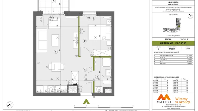 Rzut - Mieszkanie na sprzedaż 2 pokoje o powierzchni 39,9 m² - numer F1.C.05.05 w XYZ Place