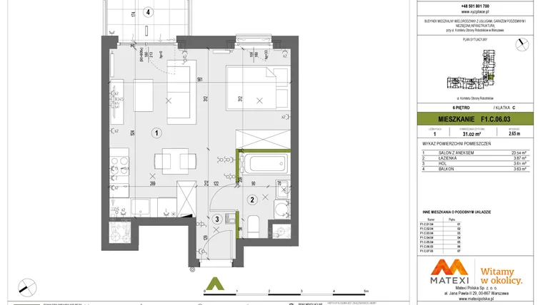 Rzut - Mieszkanie na sprzedaż 1 pokój o powierzchni 31,02 m² - numer F1.C.06.03 w XYZ Place