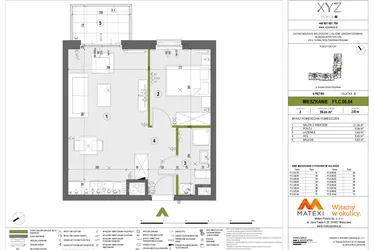 Rzut - Mieszkanie na sprzedaż 2 pokoje o powierzchni 39,65 m² - numer F1.C.06.04 w XYZ Place