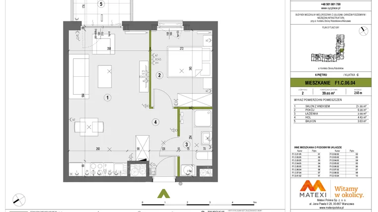 Rzut - Mieszkanie na sprzedaż 2 pokoje o powierzchni 39,65 m² - numer F1.C.06.04 w XYZ Place