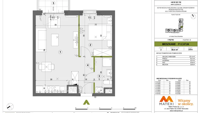 Rzut - Mieszkanie na sprzedaż 2 pokoje o powierzchni 39,91 m² - numer F1.C.07.04 w XYZ Place