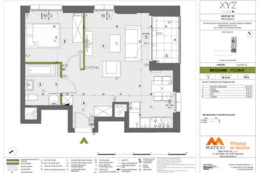 Rzut - Mieszkanie na sprzedaż 2 pokoje o powierzchni 43,79 m² - numer F1.C.09.01 w XYZ Place