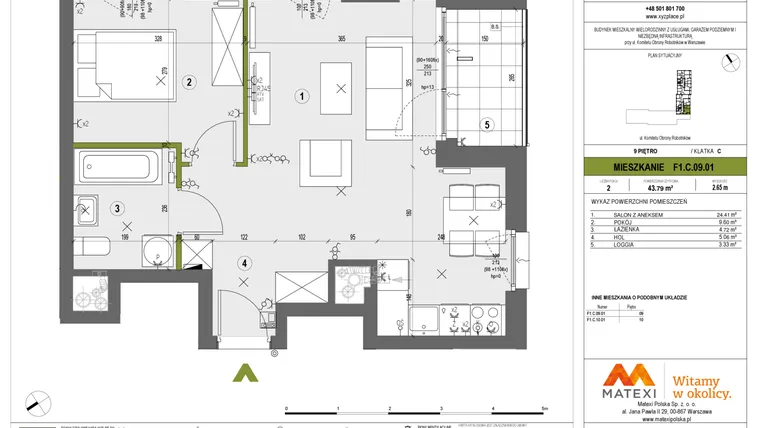 Rzut - Mieszkanie na sprzedaż 2 pokoje o powierzchni 43,79 m² - numer F1.C.09.01 w XYZ Place