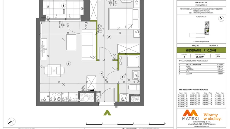 Rzut - Mieszkanie na sprzedaż 2 pokoje o powierzchni 35,36 m² - numer F1.C.09.02 w XYZ Place