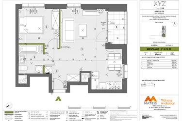 Rzut - Mieszkanie na sprzedaż 2 pokoje o powierzchni 43,65 m² - numer F1.C.10.01 w XYZ Place