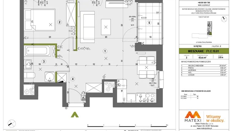Rzut - Mieszkanie na sprzedaż 2 pokoje o powierzchni 43,65 m² - numer F1.C.10.01 w XYZ Place