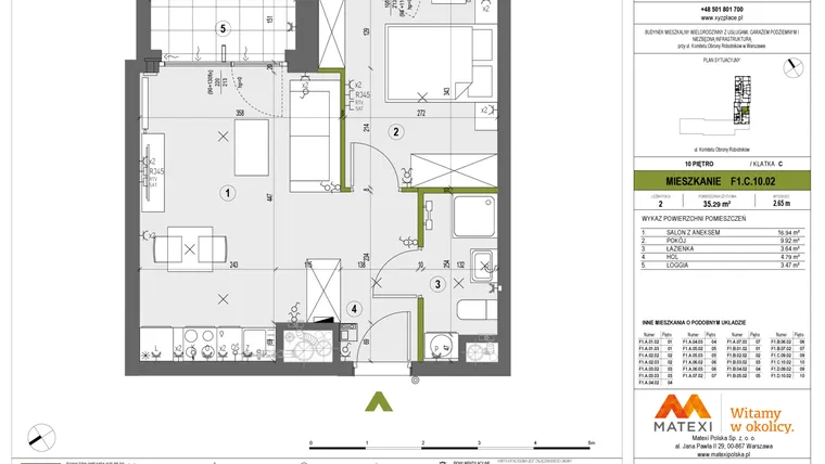 Rzut - Mieszkanie na sprzedaż 2 pokoje o powierzchni 35,29 m² - numer F1.C.10.02 w XYZ Place