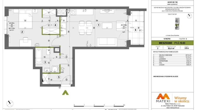 Rzut - Mieszkanie na sprzedaż 2 pokoje o powierzchni 55,27 m² - numer F1.C.10.03 w XYZ Place