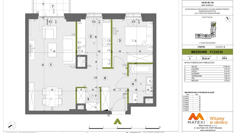 Rzut - Mieszkanie na sprzedaż 2 pokoje o powierzchni 53,02 m² - numer F1.D.02.03 w XYZ Place