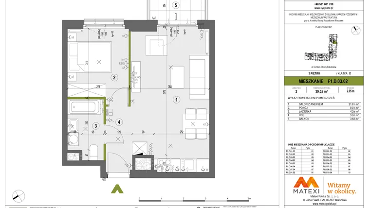 Rzut - Mieszkanie na sprzedaż 2 pokoje o powierzchni 39,02 m² - numer F1.D.03.02 w XYZ Place