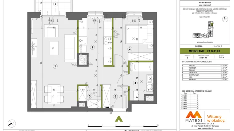 Rzut - Mieszkanie na sprzedaż 2 pokoje o powierzchni 53,04 m² - numer F1.D.03.03 w XYZ Place