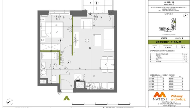 Rzut - Mieszkanie na sprzedaż 2 pokoje o powierzchni 39,08 m² - numer F1.D.04.02 w XYZ Place
