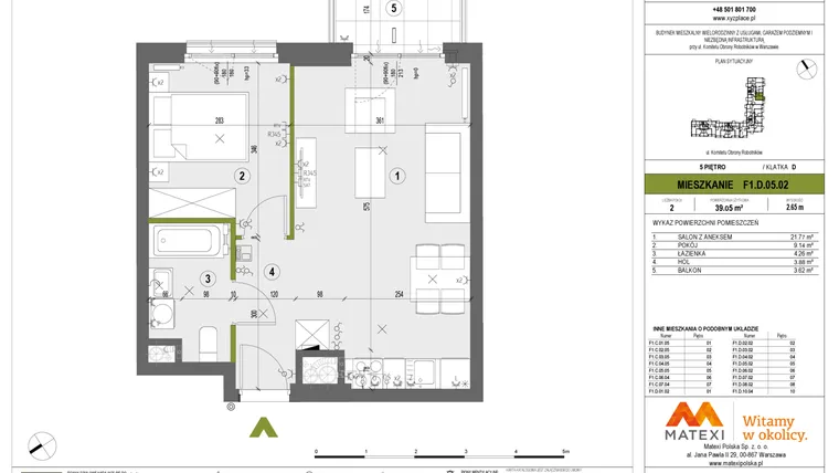 Rzut - Mieszkanie na sprzedaż 2 pokoje o powierzchni 39,05 m² - numer F1.D.05.02 w XYZ Place