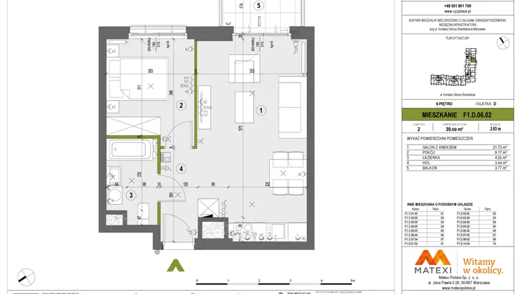 Rzut - Mieszkanie na sprzedaż 2 pokoje o powierzchni 39,09 m² - numer F1.D.06.02 w XYZ Place