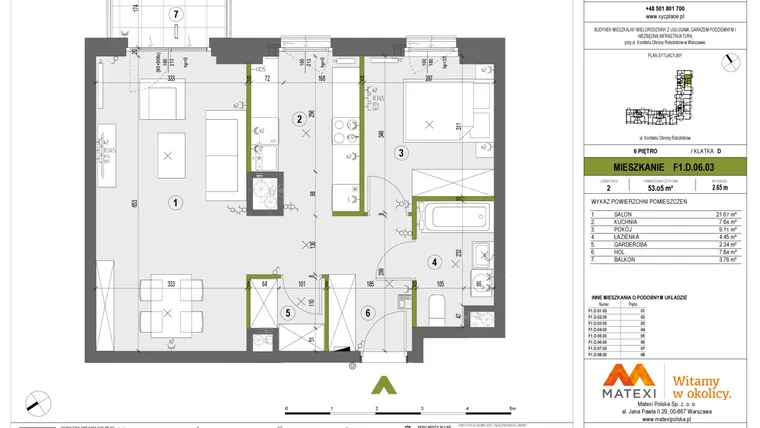 Rzut - Mieszkanie na sprzedaż 2 pokoje o powierzchni 53,05 m² - numer F1.D.06.03 w XYZ Place