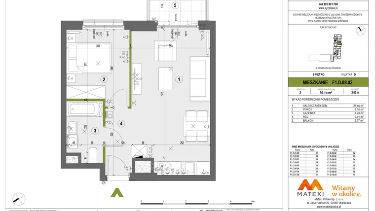Rzut - Mieszkanie na sprzedaż 2 pokoje o powierzchni 39,1 m² - numer F1.D.08.02 w XYZ Place