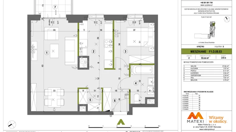 Rzut - Mieszkanie na sprzedaż 2 pokoje o powierzchni 53,09 m² - numer F1.D.08.03 w XYZ Place