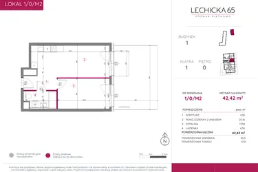 Rzut - Mieszkanie na sprzedaż 2 pokoje o powierzchni 42,42 m² - numer 1/0/M2 w Lechicka 65