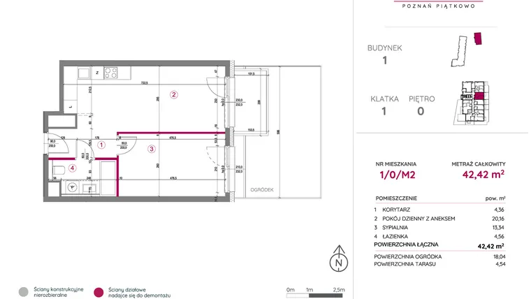 Rzut - Mieszkanie na sprzedaż 2 pokoje o powierzchni 42,42 m² - numer 1/0/M2 w Lechicka 65