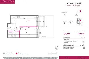Rzut - Mieszkanie na sprzedaż 2 pokoje o powierzchni 42,42 m² - numer 1/0/M2 w Lechicka 65