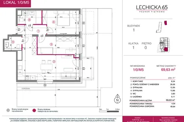 Rzut - Mieszkanie na sprzedaż 3 pokoje o powierzchni 69,67 m² - numer 1/0/M5 w Lechicka 65