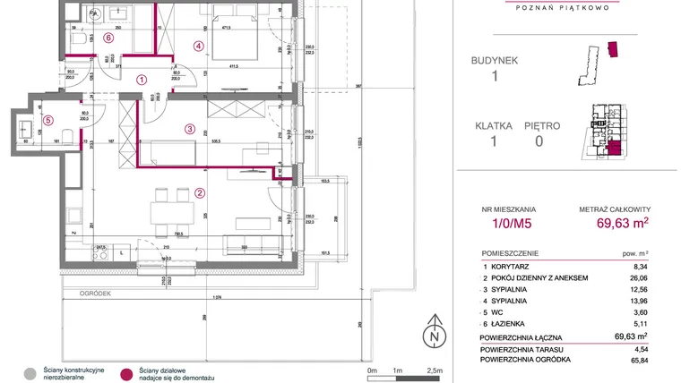 Rzut - Mieszkanie na sprzedaż 3 pokoje o powierzchni 69,67 m² - numer 1/0/M5 w Lechicka 65