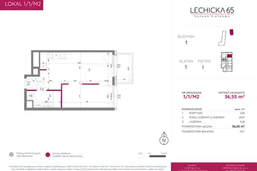 Rzut - Mieszkanie na sprzedaż 1 pokój o powierzchni 36,55 m² - numer 1/1/M2 w Lechicka 65