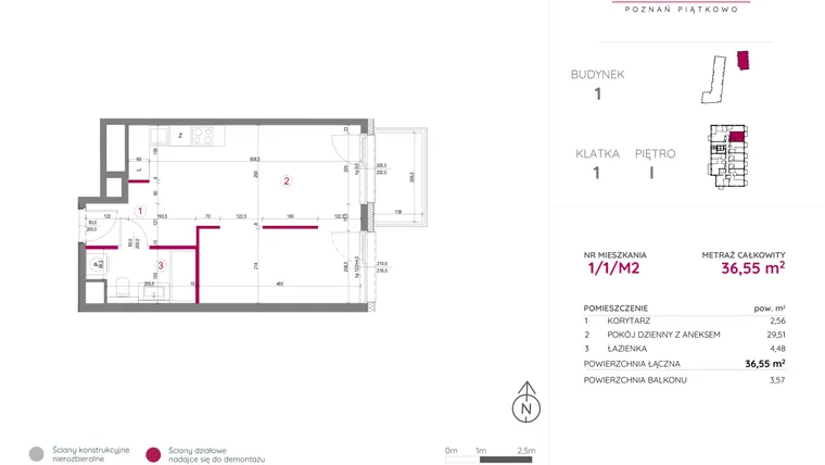 Rzut - Mieszkanie na sprzedaż 1 pokój o powierzchni 36,55 m² - numer 1/1/M2 w Lechicka 65