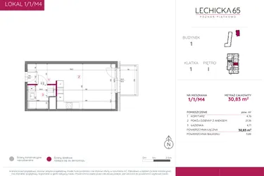 Rzut - Mieszkanie na sprzedaż 1 pokój o powierzchni 30,83 m² - numer 1/1/M4 w Lechicka 65