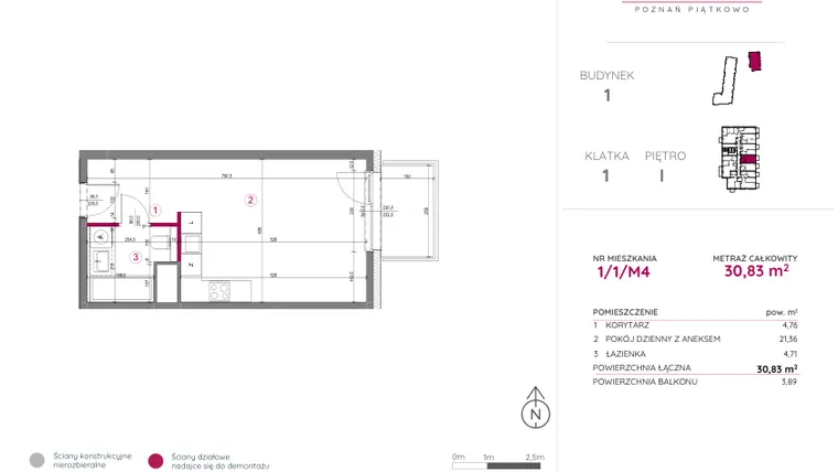 Rzut - Mieszkanie na sprzedaż 1 pokój o powierzchni 30,83 m² - numer 1/1/M4 w Lechicka 65