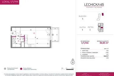 Rzut - Mieszkanie na sprzedaż 1 pokój o powierzchni 30,83 m² - numer 1/1/M4 w Lechicka 65