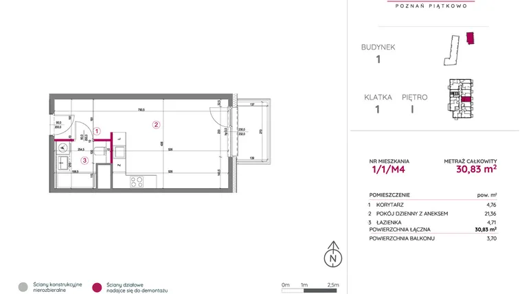 Rzut - Mieszkanie na sprzedaż 1 pokój o powierzchni 30,83 m² - numer 1/1/M4 w Lechicka 65
