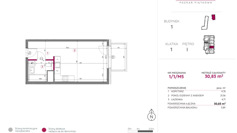 Rzut - Mieszkanie na sprzedaż 1 pokój o powierzchni 30,83 m² - numer 1/1/M5 w Lechicka 65