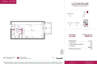 Rzut - Mieszkanie na sprzedaż 1 pokój o powierzchni 30,83 m² - numer 1/1/M5 w Lechicka 65