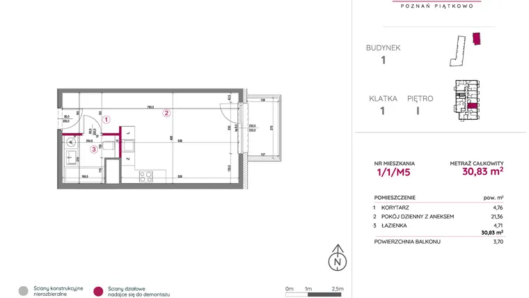 Rzut - Mieszkanie na sprzedaż 1 pokój o powierzchni 30,83 m² - numer 1/1/M5 w Lechicka 65