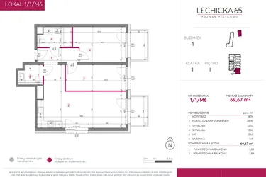 Rzut - Mieszkanie na sprzedaż 3 pokoje o powierzchni 69,63 m² - numer 1/1/M6 w Lechicka 65