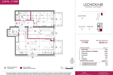 Rzut - Mieszkanie na sprzedaż 3 pokoje o powierzchni 69,63 m² - numer 1/1/M6 w Lechicka 65