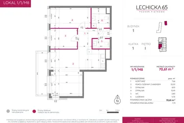 Rzut - Mieszkanie na sprzedaż 3 pokoje o powierzchni 70,61 m² - numer 1/1/M8 w Lechicka 65
