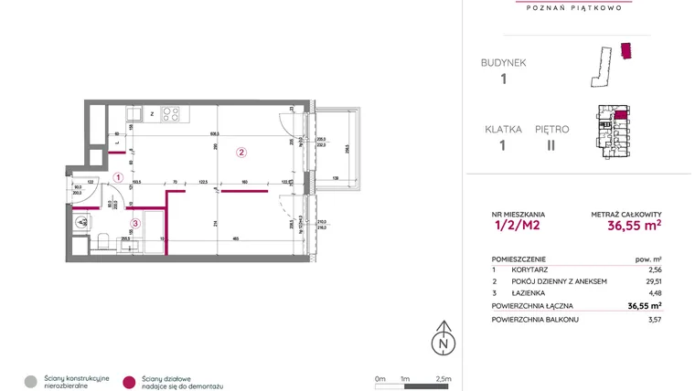 Rzut - Mieszkanie na sprzedaż 1 pokój o powierzchni 36,55 m² - numer 1/2/M2 w Lechicka 65