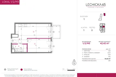 Rzut - Mieszkanie na sprzedaż 2 pokoje o powierzchni 42,42 m² - numer 1/2/M3 w Lechicka 65